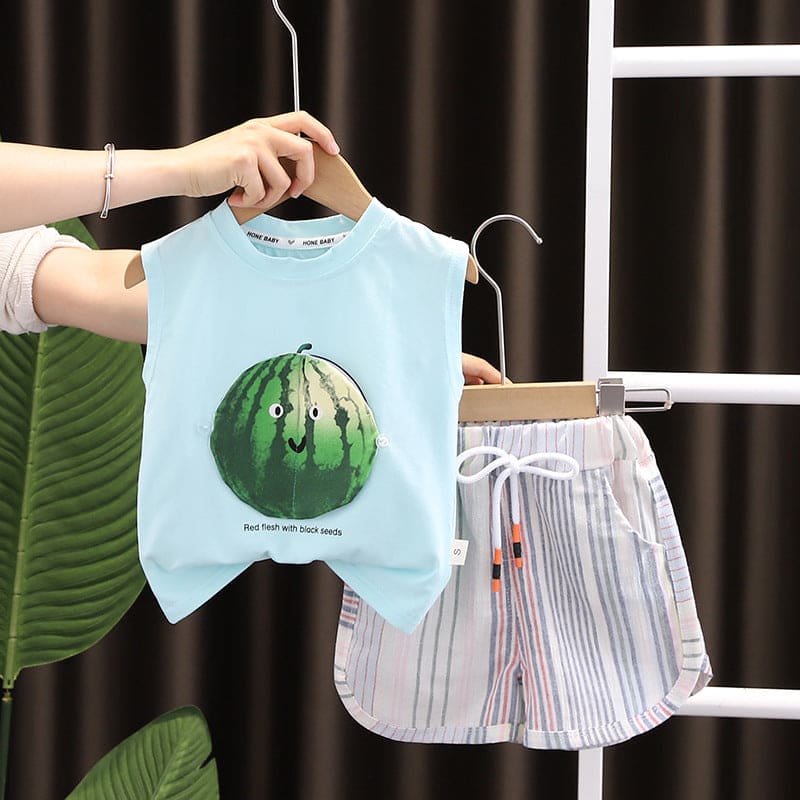 Boys Fruit Graphics T-Shirt & Striped Shorts Sets Sky Blue 1-2 Y 