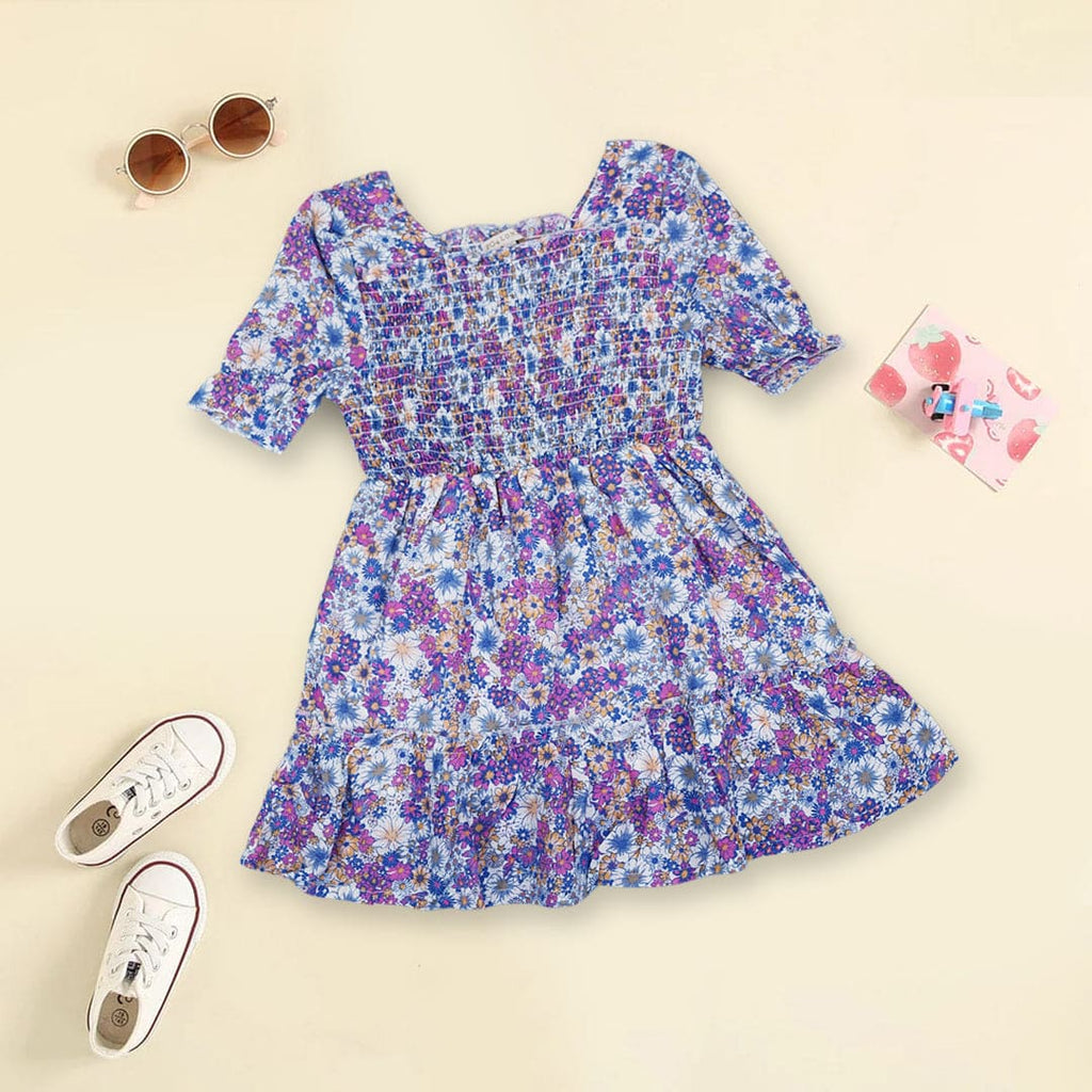 Girls Floral Print Smocked Dress Casual Dresses Multicolor 1-2 Y 