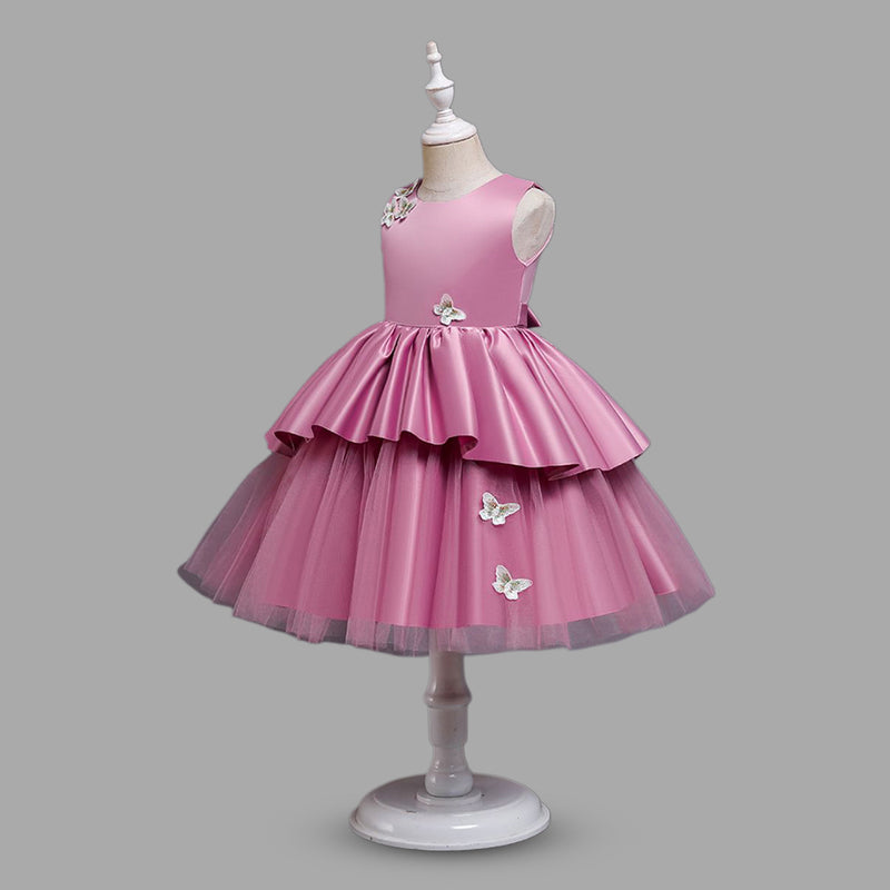 Girls Duchess Satin Butterfly Applique Party Dress Party Dresses   