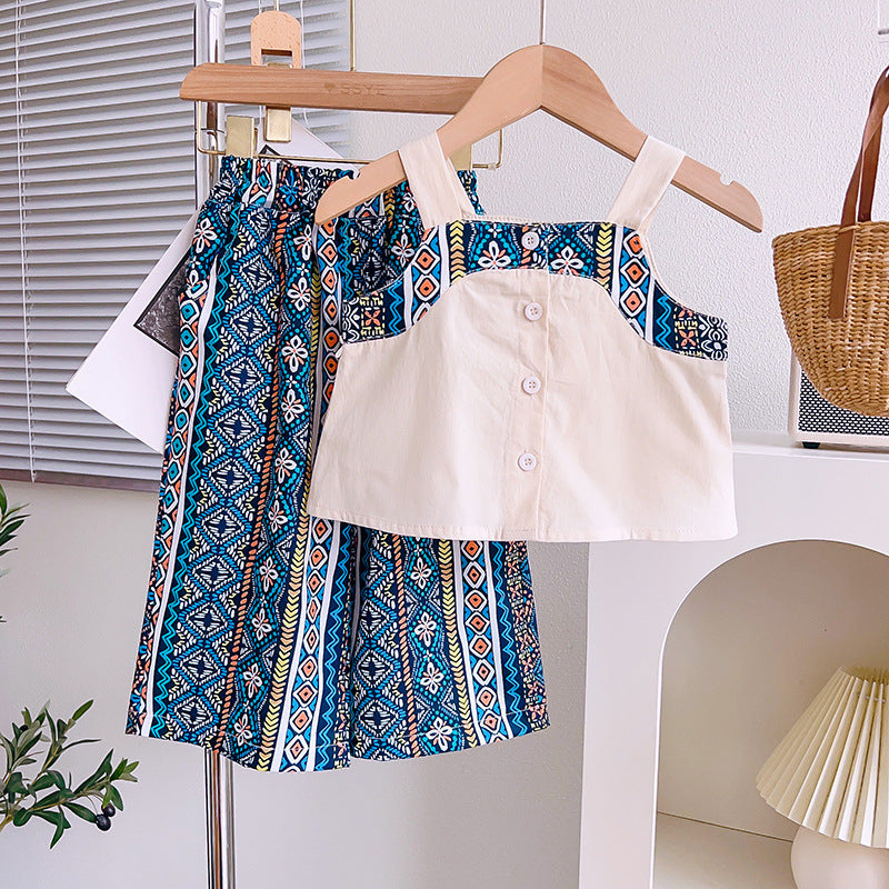 Girls Sleeveless Top With Printed Pants Sets   