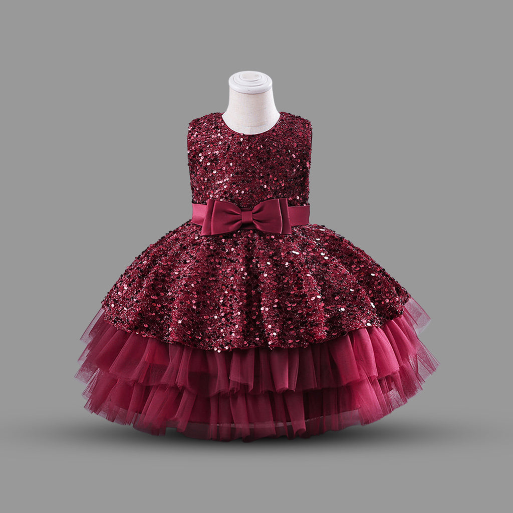 Girls Balloon Shape Sequin Party Wear Dress With Bow