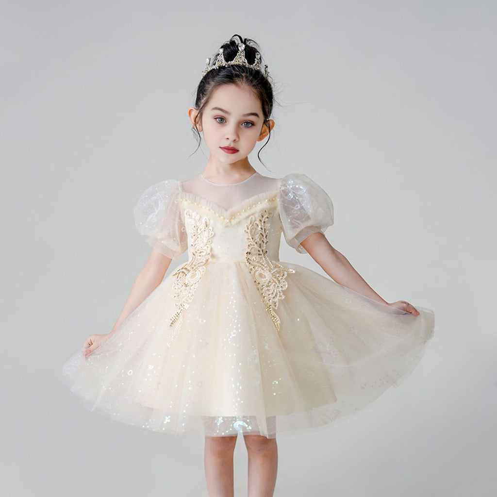 Girls Lace Applique Printed Party Wear Dress