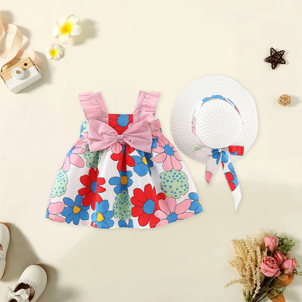 Girls Floral Print Ruffle Summer Dress with Hat