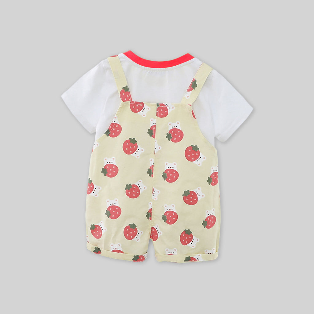 Girls Short Sleeve T-Shirt With Strawberry Printed Dungaree Sets   