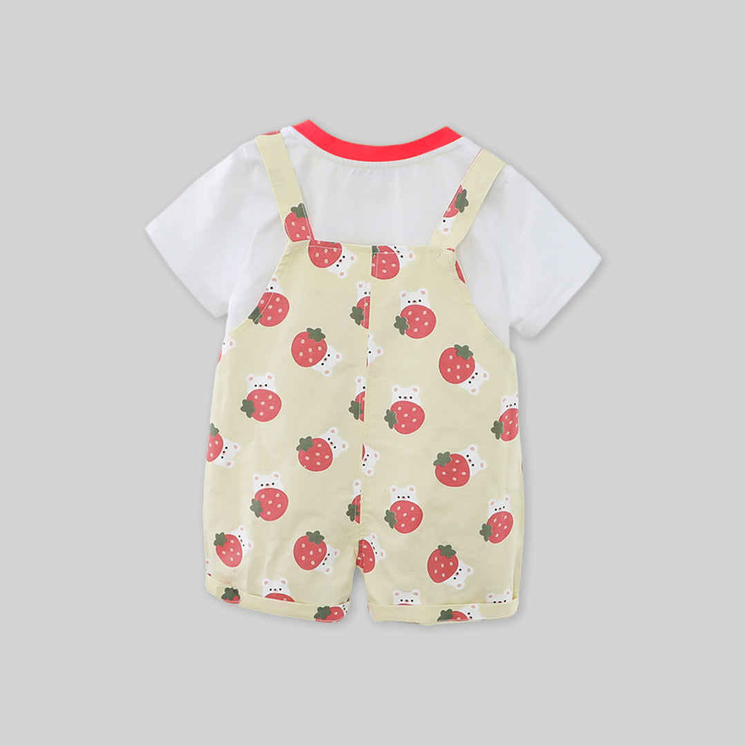 Girls Short Sleeve T-Shirt With Strawberry Printed Dungaree Sets   