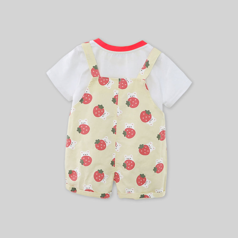 Girls Short Sleeve T-Shirt With Strawberry Printed Dungaree Sets   