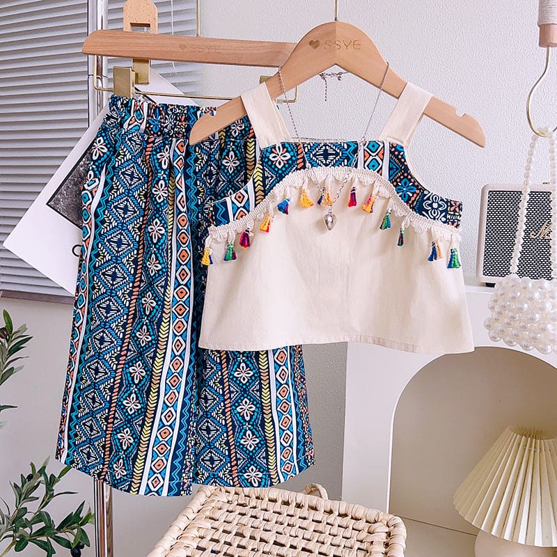 Girls Sleeveless Top With Printed Pants Sets Blue 1-2 Y 