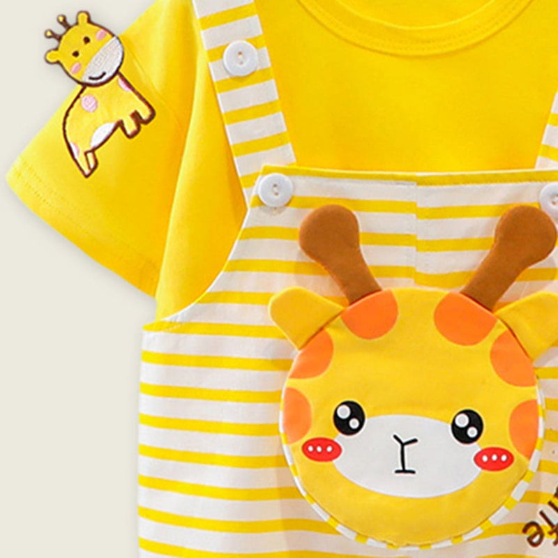 Boys Short Sleeve T-Shirts With Giraffe Applique Dungaree Sets   