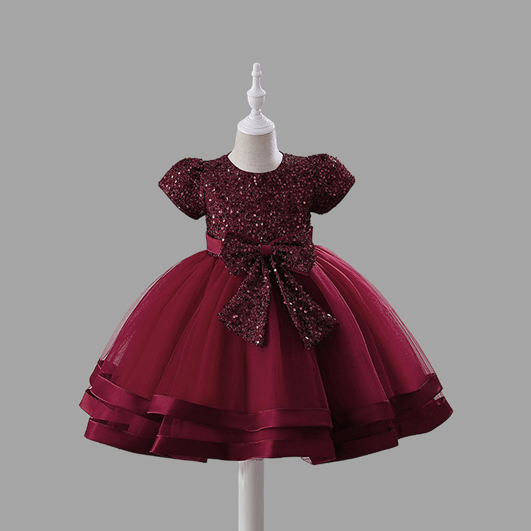 Girls Short Sleeve Sequin Bow Party Dress Party Dresses Red 4-5 Y 