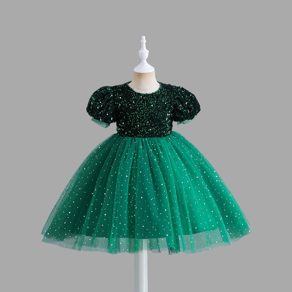 Girls Sequins Embellished Puff Sleeves Party Dress
