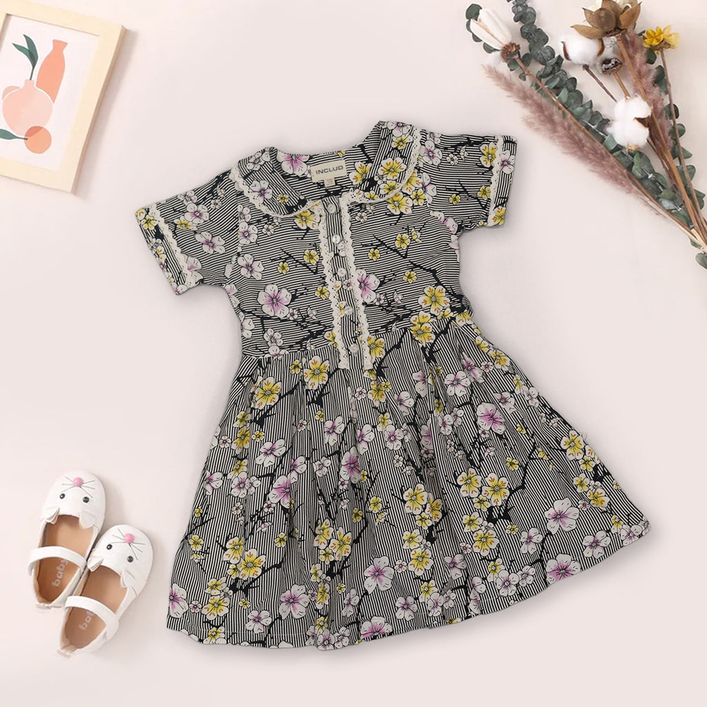 Girls Striped Floral Print Casual Dress