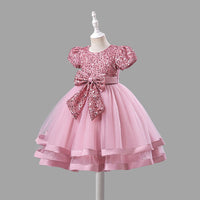 Girls Short Sleeve Sequin Bow Party Dress Party Dresses   