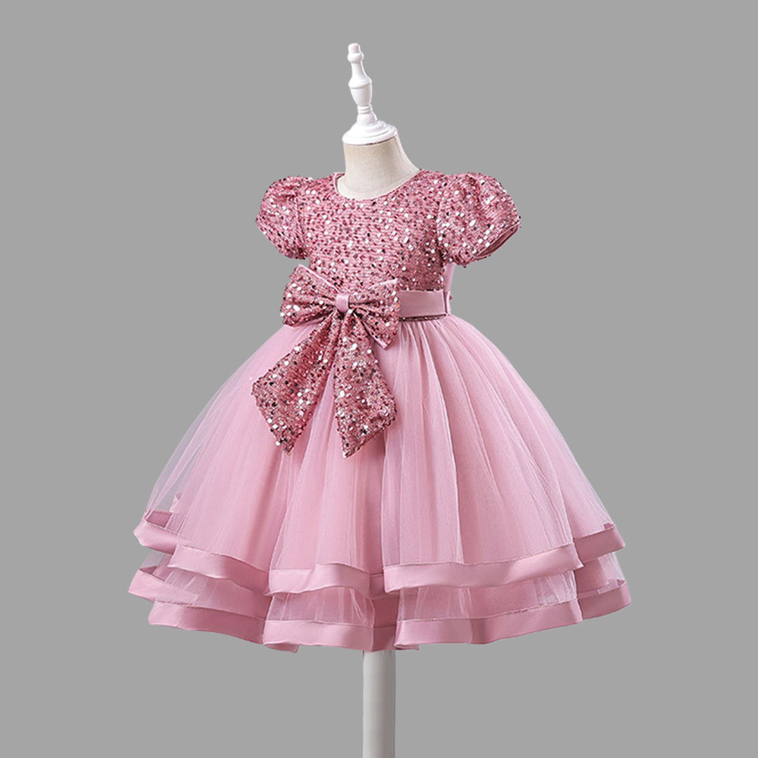Girls Short Sleeve Sequin Bow Party Dress Party Dresses   