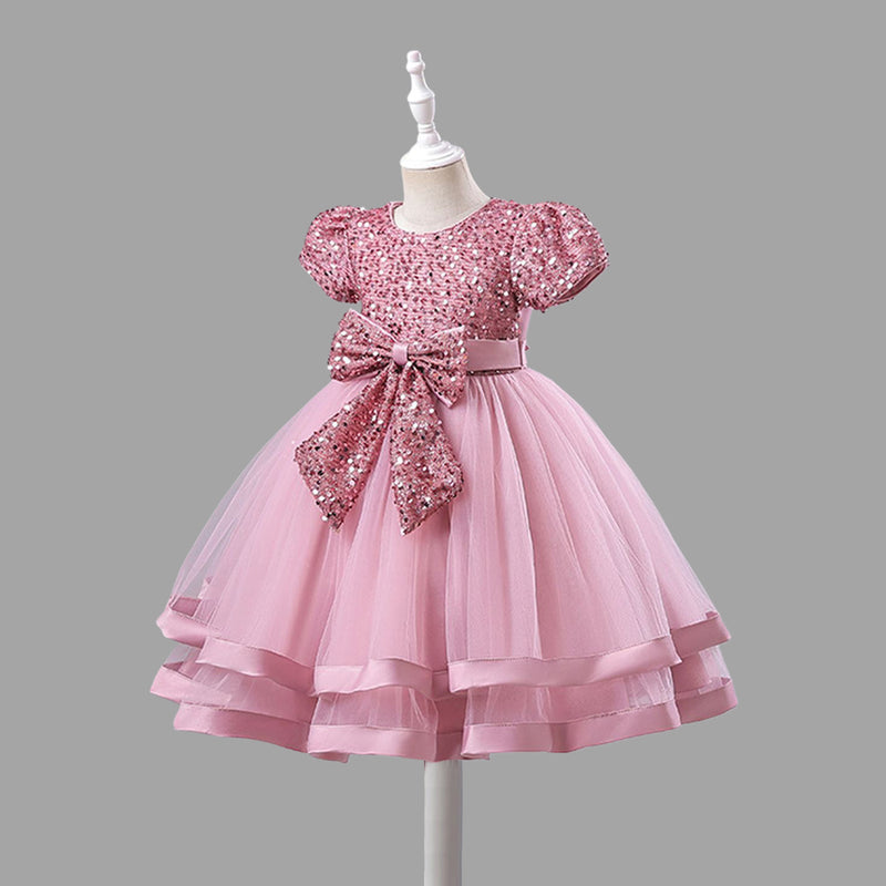 Girls Short Sleeve Sequin Bow Party Dress Party Dresses   