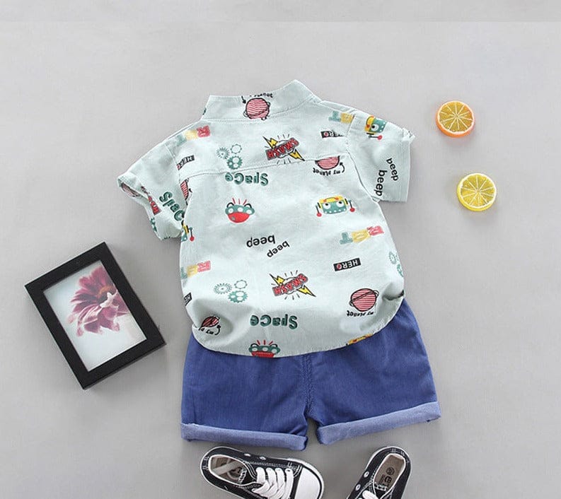 Boys Printed Shirt with Denim Shorts Set