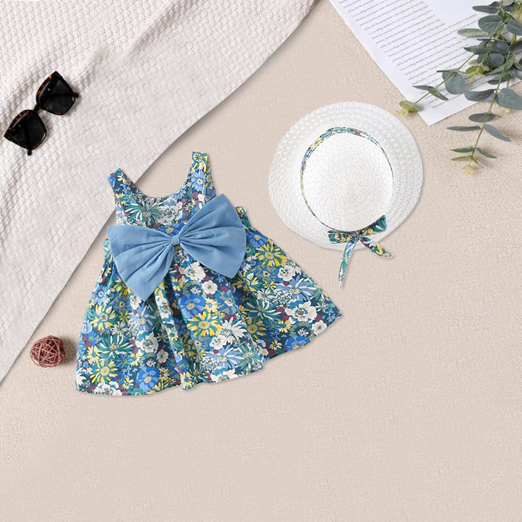 Girls Floral Print Dress with Hat