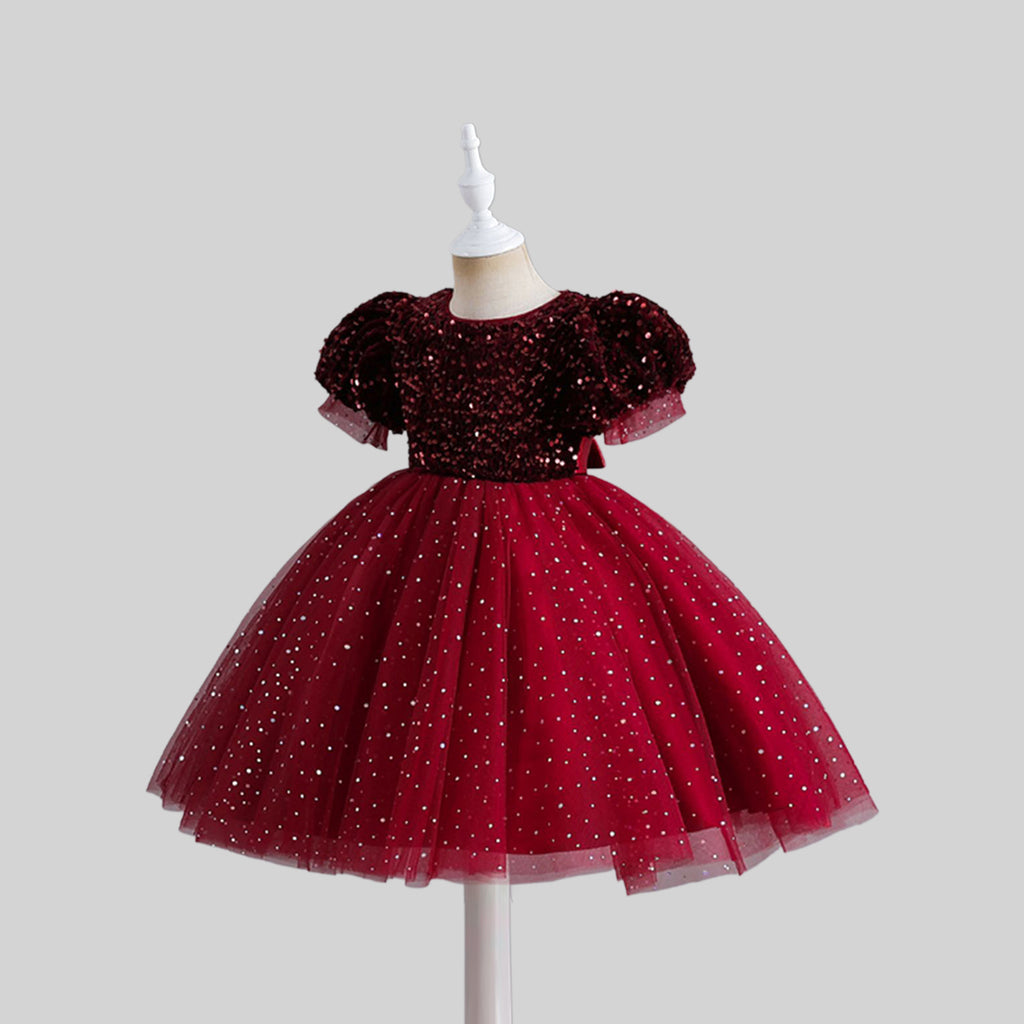 Girls Sequins Embellished Puff Sleeves Party Dress Party Dresses   