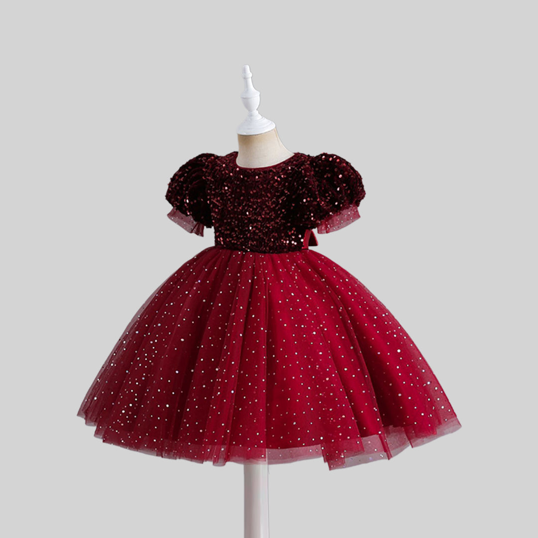 Girls Sequins Embellished Puff Sleeves Party Dress Party Dresses   