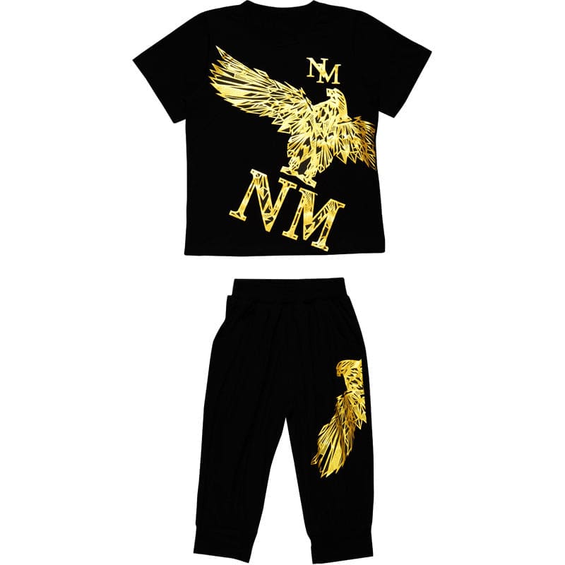 Boys Foil Print T-shirt with Bermudas Set Sets Black 4-5 Y 