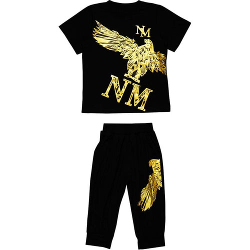 Boys Foil Print T-shirt with Bermudas Set Sets Black 4-5 Y 